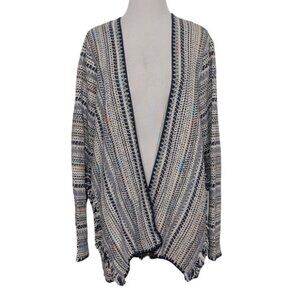 Lucky Brand Stripe Pottery Cardigan Womens Size Large Blue Boho Fringe Jacket